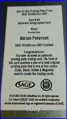 1/1 Rc Auto Black Adrian Peterson Rookie Printing Plate 2007 Sage Decadence #a5