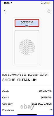 2018 Bowman's Best #1 Shohei Ohtani Blue Refractor /150 PSA 10 GEM MINT POP 17