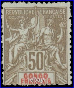 FRENCH CONGO 1900 50c BROWN ON AZURE DOUBLE PRINT OF COUNTRY NAME MINT #32a