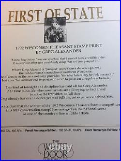 Greg Alexander, 1992,1 St Wisconsin Pheasant S/N Edition, 64/1850, No Stamp, Mint