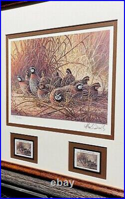 Herb Booth 1996 Texas Quail Stamp Print W Double Stamps Mint Brand New Frame