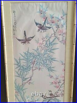 LOT OF 2 Vintage Japanese Art Print WITH STAMP Bird Floral Bamboo Frame 36 X 12