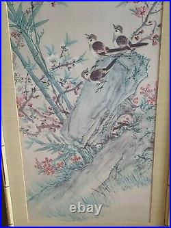 LOT OF 2 Vintage Japanese Art Print WITH STAMP Bird Floral Bamboo Frame 36 X 12