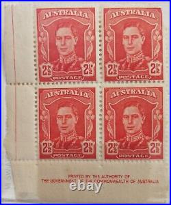 Mint Rare Block Of 4 King George VI 1942 Red 2.5d Australian stamps uncut print