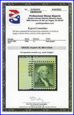US #1031 1¢ Washington, Pl #, wet printing, Superb 98 MNH NH, PSE graded 2023