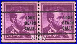 US #1058b 4¢ Lincoln pair, wet printing, Long Beach Bureau Precancel, XF MNH NH
