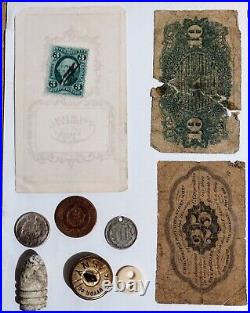 US Civil War Lot, Coins, Buttons, Fractional Notes, Prints, CVD, Tax Stamps+More