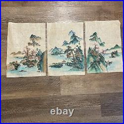 VINTAGE JAPANESE ZEN ART COLORED PRINTS ON CANVAS CLOTH With SEAL STAMPS Lot of 3